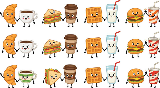 Cute Kawaii Breakfast and Fast Food Best Friends Cartoon Mascot Set with Happy Pairs Holding Hands Vectors