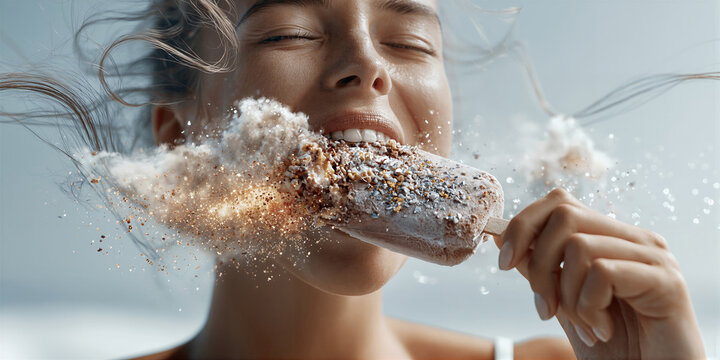 Woman enjoying sugary frozen snack. Blissful woman relishing chocolate flavored icy dessert