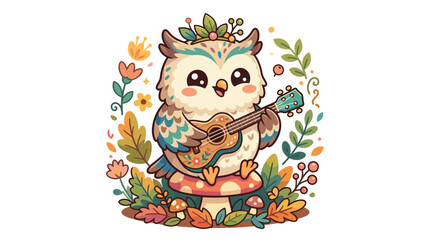 Naklejka premium Cute Owl Playing Guitar on Mushroom, Whimsical Forest Illustration