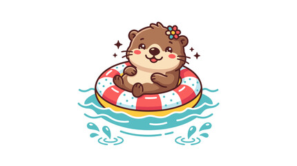 Fototapeta premium Cute Otter Floating on Inflatable Ring in Water