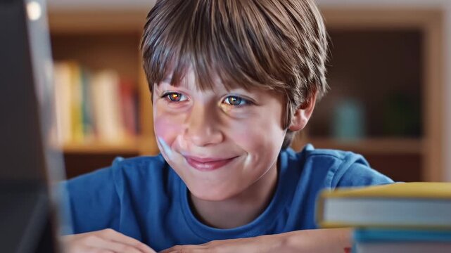 Close up of a boy smiling softly while looking at a screen during an online lesson, warm indoor lighting and focused expression conveying engagement, digital education, remote learning