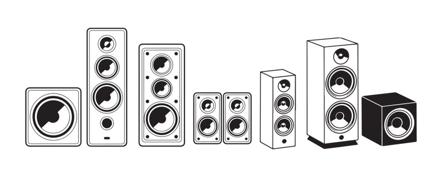 Speaker sound system collection different sizes modern technology audio equipment home.