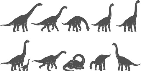 Brachiosaurus sauropod dinosaur silhouettes representing grazing standing and walking postures on transparent background © Nabil