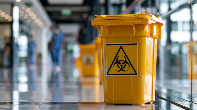 Close Up Yellow Biohazard Bin for Medical Waste in Laboratory Corridor