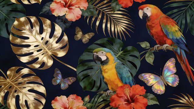 Dark tropical seamless pattern with macaw parrot birds hibiscus flowers and gold monstera