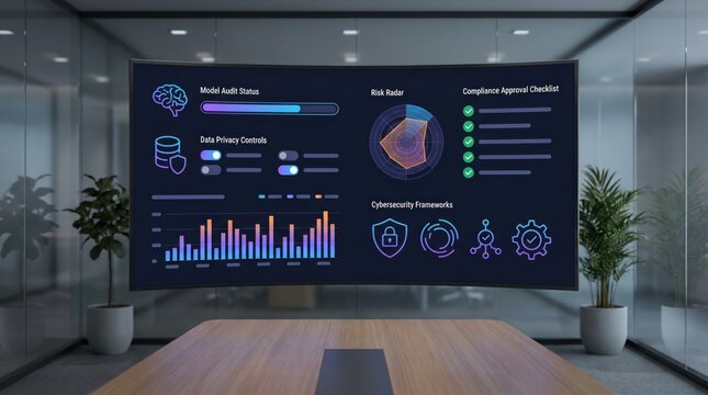 cybersecurity talent shortage concept. Modern boardroom with digital analytics dashboard and potted plants
