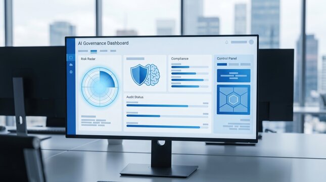 cybersecurity talent shortage concept. Office monitor displaying cybersecurity dashboard in modern workspace