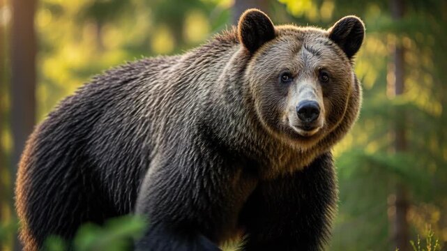 Wandering Brown Bear walking through a green and beautiful forest landscape background during a bright sunny day