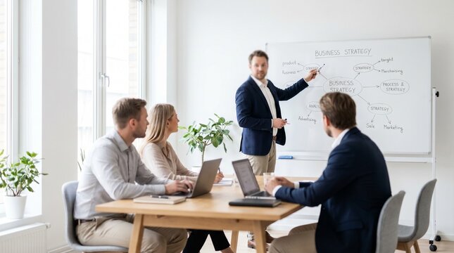 Professional business team having meeting in bright office with man standing at whiteboard presenting business strategy diagram to colleagues sitting at wooden table with laptops