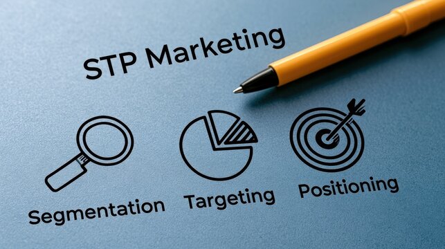 STP Marketing strategy concept with segmentation, targeting and positioning icons on blue background
