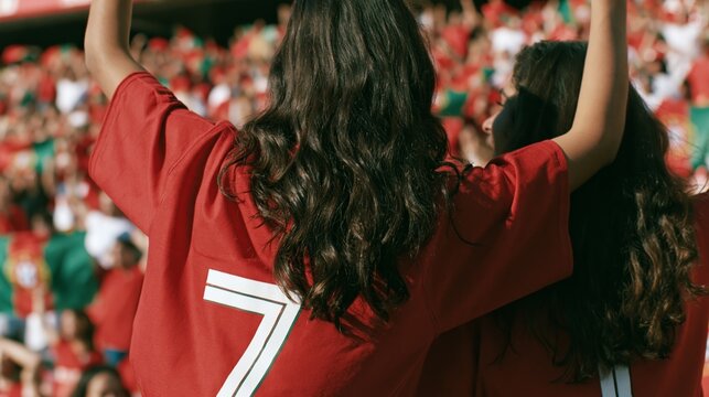 Back view of young fans cheering soccer match in stadium