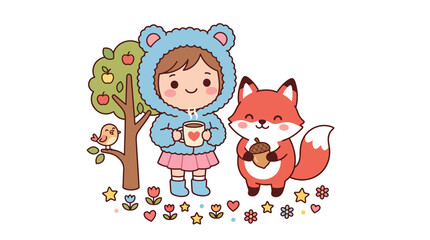 Fototapeta premium Cute Girl with Fox and Bird in Autumn Forest