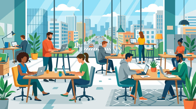 A vibrant flat design illustration of a bustling coworking space, where digital nomads and professionals work collaboratively or independently, all while enjoying a panoramic city skyline view.