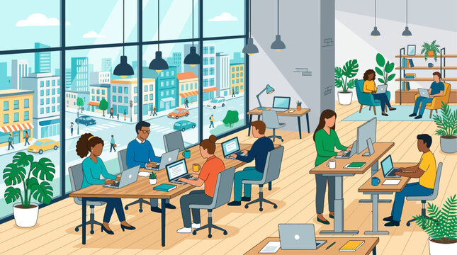 A vibrant flat design illustration of a bustling coworking space, where digital nomads and professionals work collaboratively or independently, all while enjoying a panoramic city skyline view.