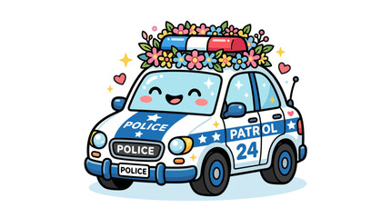 Cute Kawaii Police Car Decorated with Flowers, Smiling Face © Sifaul