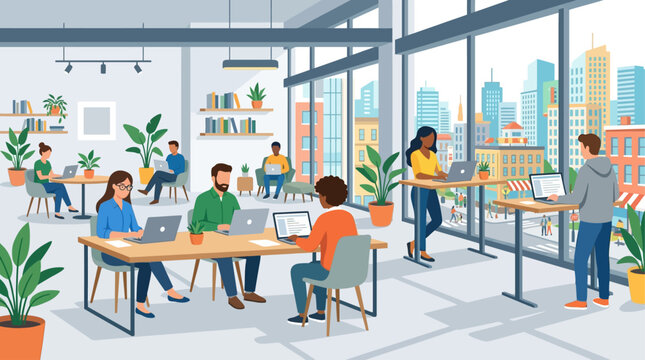 A vibrant flat design illustration of a bustling coworking space, where digital nomads and professionals work collaboratively or independently, all while enjoying a panoramic city skyline view.