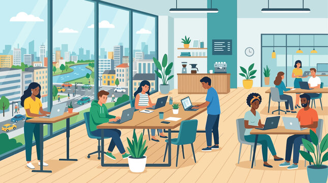 A vibrant flat design illustration of a bustling coworking space, where digital nomads and professionals work collaboratively or independently, all while enjoying a panoramic city skyline view.