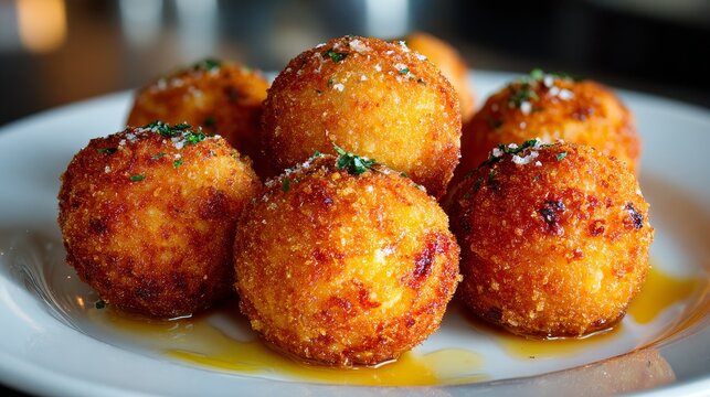 Golden fried risotto balls on a white plate, crispy breadcrumb coating, round arancini with visible rice grains and light oil sheen, warm homemade comfort food with shallow depth of field.