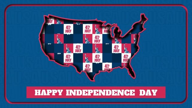 USA Independence Day animation featuring a United States map filled with patriotic icons, checkerboard pattern, and bold holiday banner on a blue background for festive celebrations.