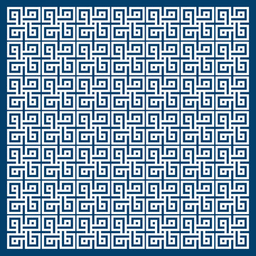 Blue and white geometric interlocking fretwork pattern