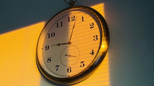 Cinematic time-lapse of vintage wall clock with rushing blinds shadows and golden sunset light. Close up of ticking dial showing passing time. Time management, rapid deadline and speed concept.