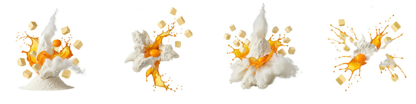 Baking ingredients explosion with flour eggs and butter on black