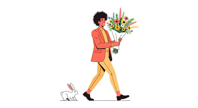 Man in red jacket holding colorful bouquet walking with rabbit.