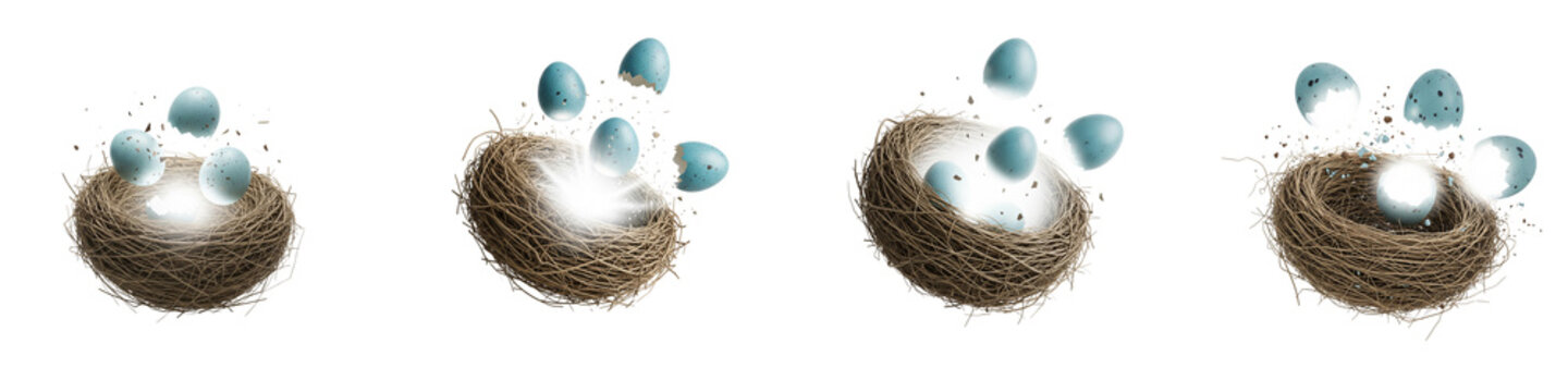Blue bird eggs hatching in a woven nest with glowing light on black