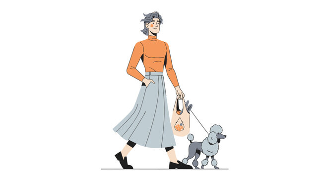 Woman walking small poodle on city street.