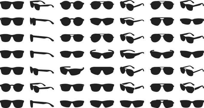 Sunglasses silhouette collection with various fashion eyewear styles retro aviator frames and summer glasses icons vector set isolated