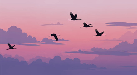 Obraz premium Vector illustration of five bird silhouettes flying across a pink and purple twilight sky with layered clouds at dusk, depicting avian migration and serene atmospheric nature background.
