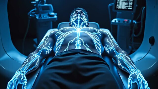 Man lying in a dark diagnostic environment as internal systems dim and then restart from the chest outward, glowing neural and vascular pathways visualizing recovery, advanced medical reboot