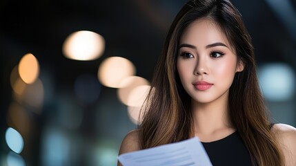 Obraz premium Professional asian business woman reviewing important documents in modern office setting with soft bokeh lighting background
