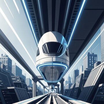 Futuristic train speeding through cityscape tunnel.