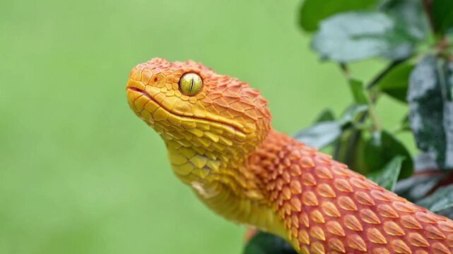 Close-up of a vibrant orange bush viper snake in the wild