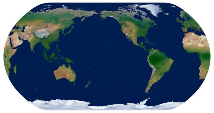 World Map. Natural Earth projection. Video of longitude rotation animation. High-detail physical map with continents and coastlines.