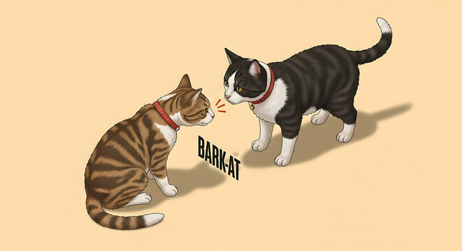 Funny cartoon illustration of two cats barking at each other like dogs in playful scene transparent background