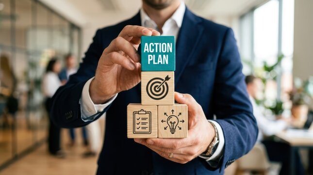 Businessman holding wooden blocks with action plan and strategy icons in office
