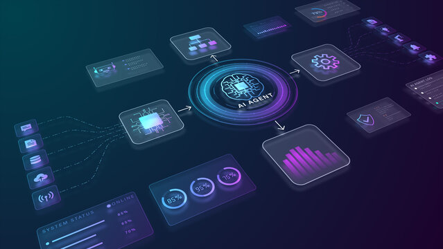 AI agent workflow automation platform with intelligent process orchestration, data analytics, cloud integration, and autonomous business operations technology concept, Technology concept 3d rendering