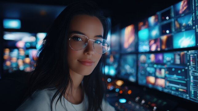 Young Woman with Glasses in Control Room Surrounded by Multiple Glowing Monitors