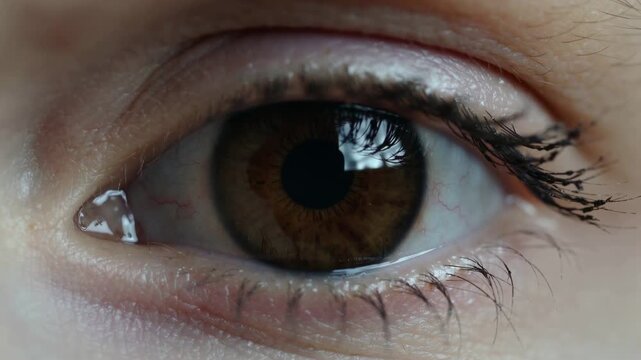 Closeup of a brown eye of a female staring at the camera in a candid sense without blinking and being aware of her surroundings