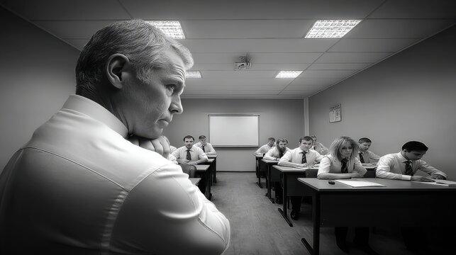 Tired Teacher Observes Bored Students in Dimly Lit Classroom During Lesson