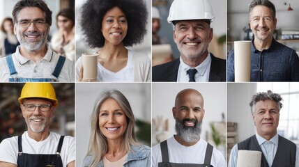 Fototapeta premium Diverse group of smiling professionals, representing various ages, genders, and ethnicities in a positive workplace setting