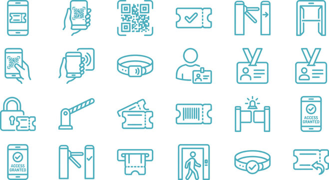 A collection of blue line vector icons depicting various digital access control and ticketing systems