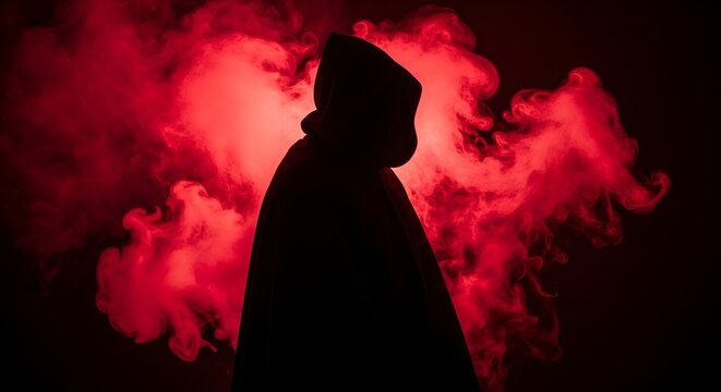 Mysterious hooded figure silhouette standing in red smoke clouds