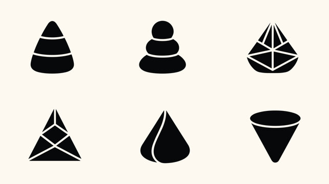 Abstract geometric 3d shapes set including pyramid cone and stacked stones icons.