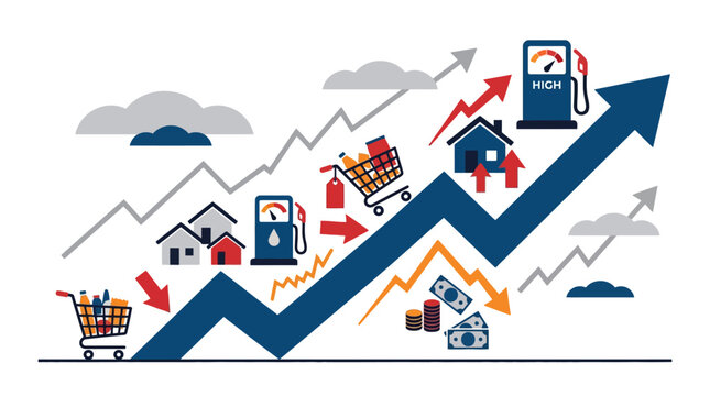 Inflation and rising cost of living infographic concept with upward arrow and consumer goods. EPS Editable