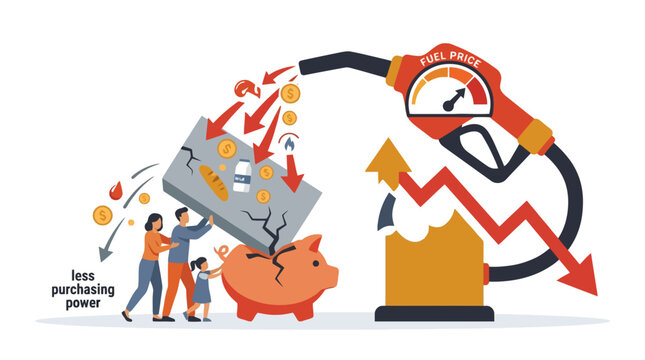 Inflation and rising fuel prices crushing family savings concept vector illustration. EPS Editable