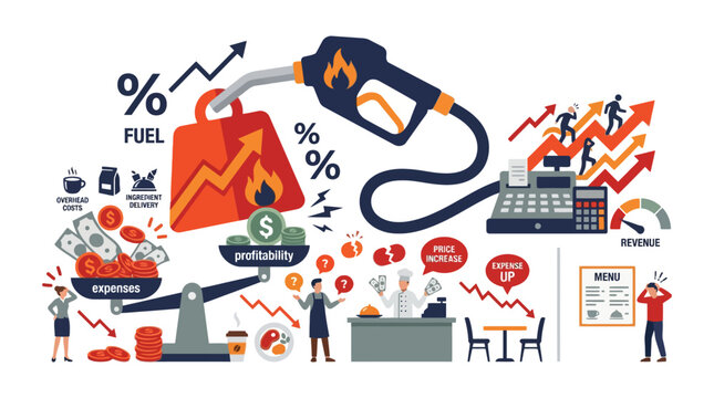 Inflation and rising fuel prices impact on business and consumer economy vector illustration. EPS Editable