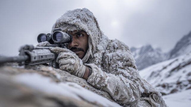 Soldier in camouflage suit with sniper rifle scopes target in snowy, mountainous terrain during winter military operation.